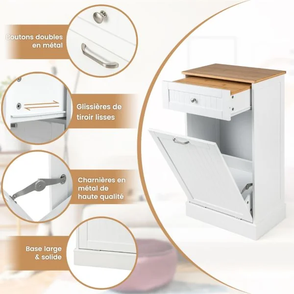 Meuble de Rangement avec Tiroir et Placard à 40L Buffet Commode pour Poubelle avec Planche à Découper en Bambou Amovible 52 x 33 x 90 cm Blanc