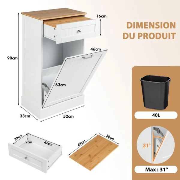 Meuble de Rangement avec Tiroir et Placard à 40L Buffet Commode pour Poubelle avec Planche à Découper en Bambou Amovible 52 x 33 x 90 cm Blanc