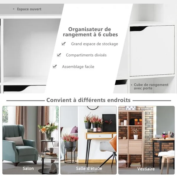 Meuble de Rangement Casier avec 6 Compartiments 3 Ouverts et 3 avec Portes Capacité 30 kg en MDF 60x29x90cm Blanc