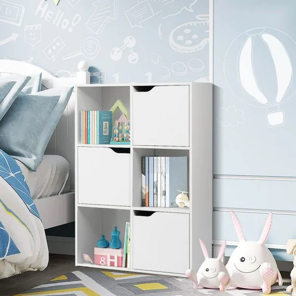 Meuble de Rangement Casier avec 6 Compartiments 3 Ouverts et 3 avec Portes Capacité 30 kg en MDF 60x29x90cm Blanc