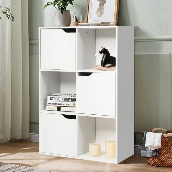 Meuble de Rangement Casier avec 6 Compartiments 3 Ouverts et 3 avec Portes Capacité 30 kg en MDF 60x29x90cm Blanc