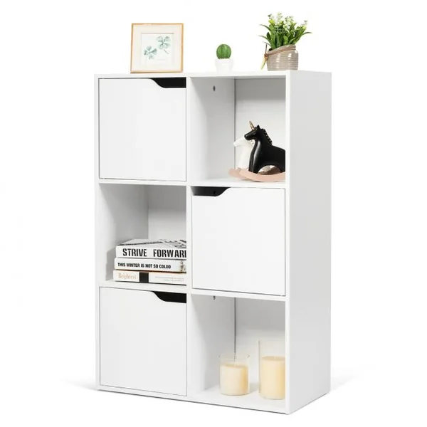 Meuble de Rangement Casier avec 6 Compartiments 3 Ouverts et 3 avec Portes Capacité 30 kg en MDF 60x29x90cm Blanc