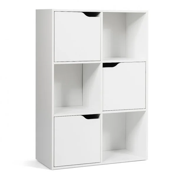 Meuble de Rangement Casier avec 6 Compartiments 3 Ouverts et 3 avec Portes Capacité 30 kg en MDF 60x29x90cm Blanc