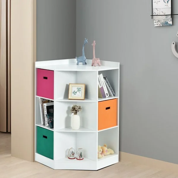 Meuble de Rangement d'Angle avec 9 Niches Bibliothèque d'Angle Enfant avec Étagère Supérieure 3 Tiroirs non Tissé Gris/Blanc