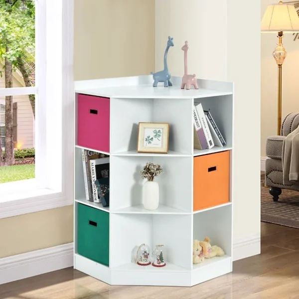 Meuble de Rangement d'Angle avec 9 Niches Bibliothèque d'Angle Enfant avec Étagère Supérieure 3 Tiroirs non Tissé Gris/Blanc