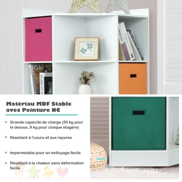 Meuble de Rangement d'Angle avec 9 Niches Bibliothèque d'Angle Enfant avec Étagère Supérieure 3 Tiroirs non Tissé Gris/Blanc
