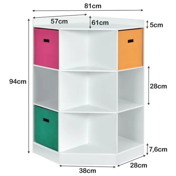Meuble de Rangement d'Angle avec 9 Niches Bibliothèque d'Angle Enfant avec Étagère Supérieure 3 Tiroirs non Tissé Gris/Blanc