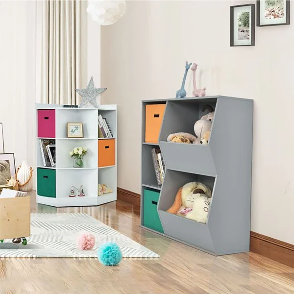 Meuble de Rangement d'Angle avec 9 Niches Bibliothèque d'Angle Enfant avec Étagère Supérieure 3 Tiroirs non Tissé Gris/Blanc