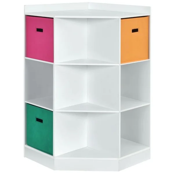 Meuble de Rangement d'Angle avec 9 Niches Bibliothèque d'Angle Enfant avec Étagère Supérieure 3 Tiroirs non Tissé Gris/Blanc