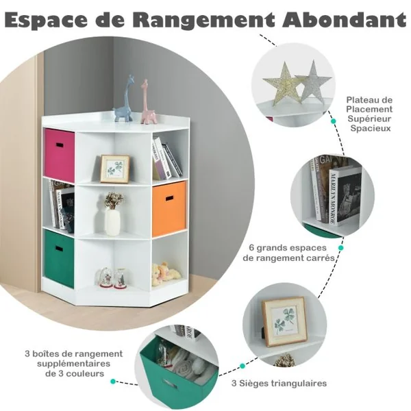 Meuble de Rangement d'Angle avec 9 Niches Bibliothèque d'Angle Enfant avec Étagère Supérieure 3 Tiroirs non Tissé Gris/Blanc