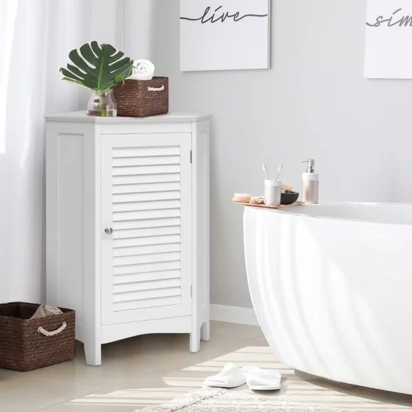 Meuble de Rangement d'Angle avec Porte et 2 Etagères Armoire pour Salle de Bains Cuisine Salon ou Chambre Blanc