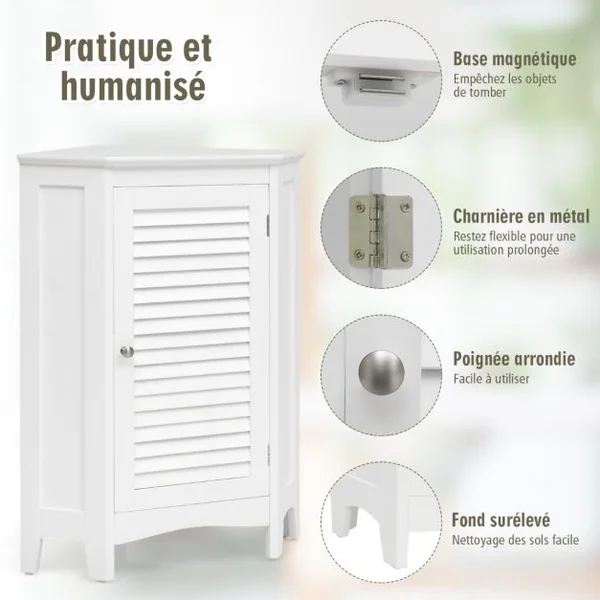 Meuble de Rangement d'Angle avec Porte et 2 Etagères Armoire pour Salle de Bains Cuisine Salon ou Chambre Blanc