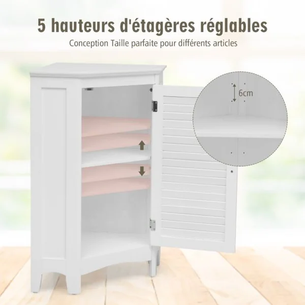 Meuble de Rangement d'Angle avec Porte et 2 Etagères Armoire pour Salle de Bains Cuisine Salon ou Chambre Blanc