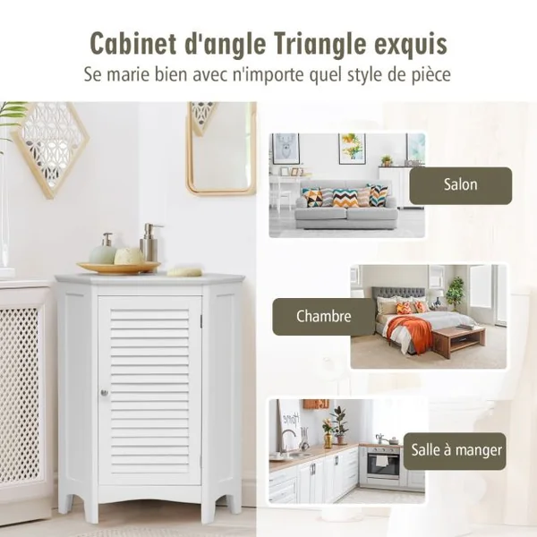 Meuble de Rangement d'Angle avec Porte et 2 Etagères Armoire pour Salle de Bains Cuisine Salon ou Chambre Blanc