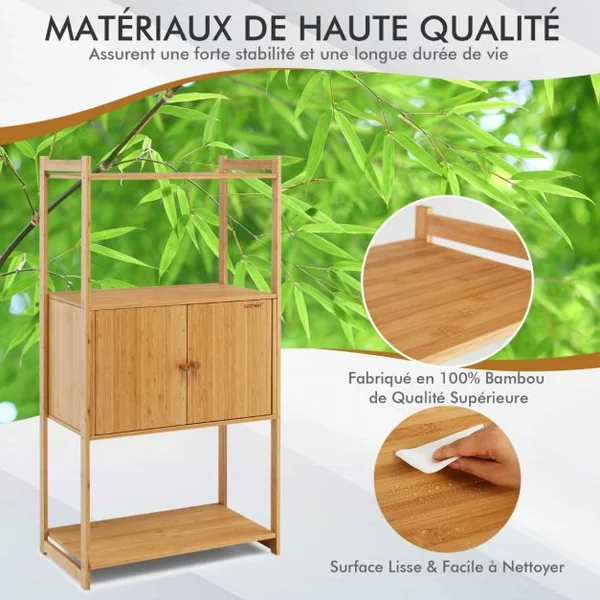 Meuble de Rangement en Bambou à 3 Niveaux 57,5 x 32 x 110 CM avec Grand compartiment à 2 Portes pour Cuisine Salon