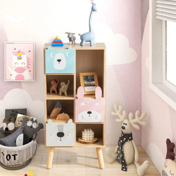 Meuble de Rangement Enfants avec 3 tiroirs et 4 compartiments ouverts pour Chambre d'Enfant 40 x 25,5 x 82,5 cm Marron