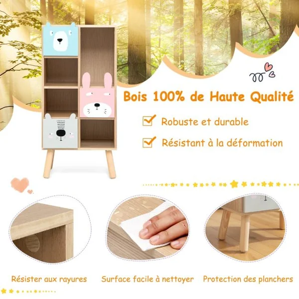 Meuble de Rangement Enfants avec 3 tiroirs et 4 compartiments ouverts pour Chambre d'Enfant 40 x 25,5 x 82,5 cm Marron