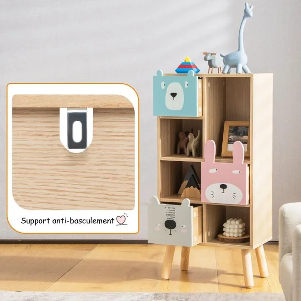 Meuble de Rangement Enfants avec 3 tiroirs et 4 compartiments ouverts pour Chambre d'Enfant 40 x 25,5 x 82,5 cm Marron