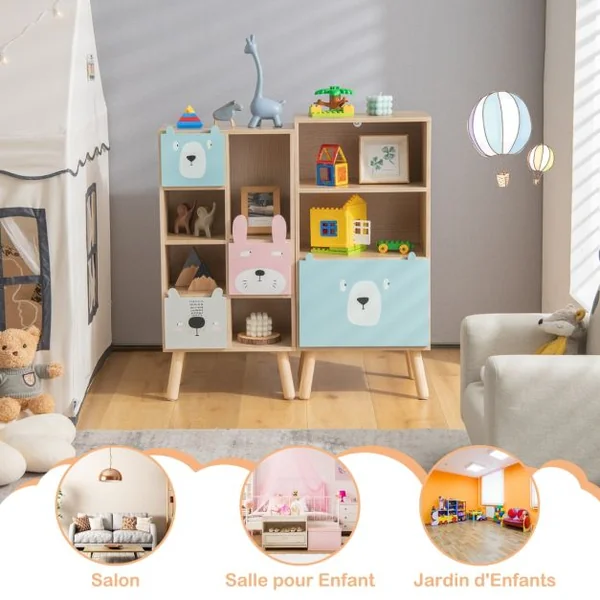 Meuble de Rangement Jouet Enfants à 3 Niveaux avec Tiroir en Forme d’ours avec Dispositif Anti-basculement Bibliothèque Café
