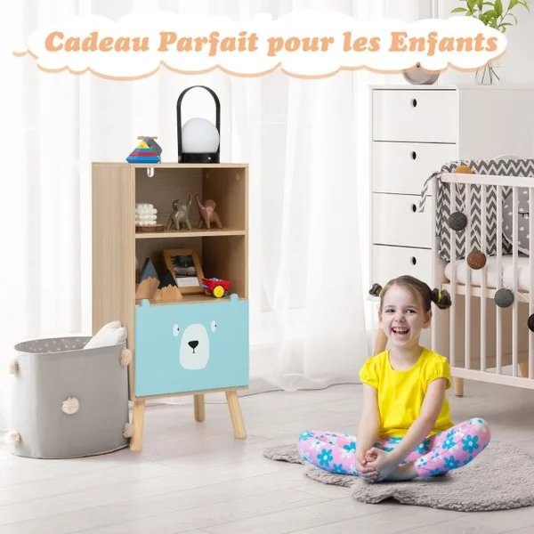 Meuble de Rangement Jouet Enfants à 3 Niveaux avec Tiroir en Forme d’ours avec Dispositif Anti-basculement Bibliothèque Café
