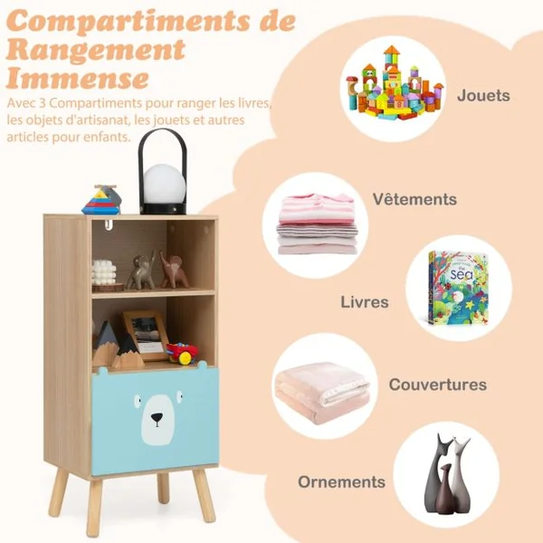 Meuble de Rangement Jouet Enfants à 3 Niveaux avec Tiroir en Forme d’ours avec Dispositif Anti-basculement Bibliothèque Café