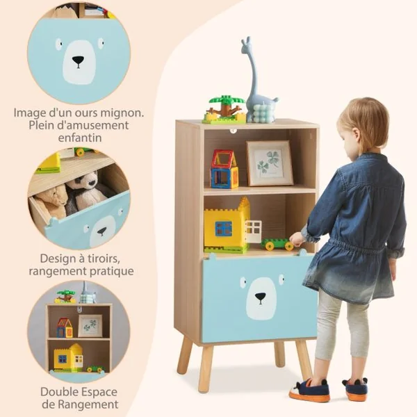 Meuble de Rangement Jouet Enfants à 3 Niveaux avec Tiroir en Forme d’ours avec Dispositif Anti-basculement Bibliothèque Café