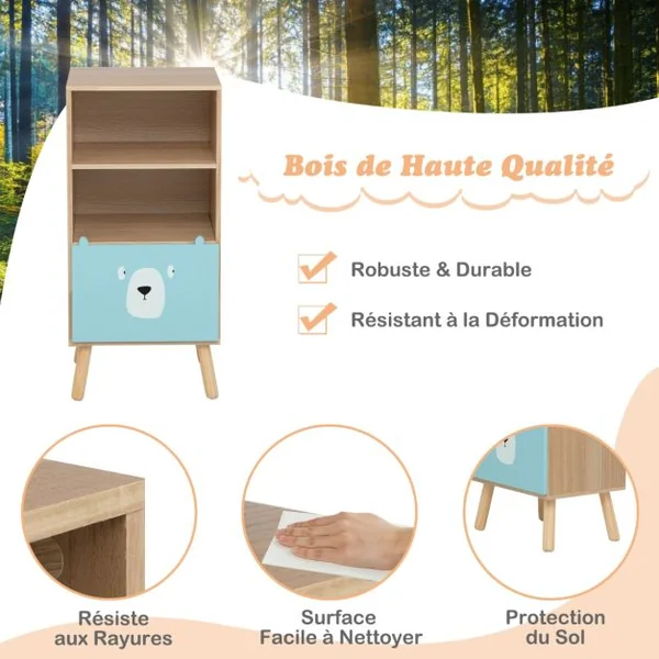Meuble de Rangement Jouet Enfants à 3 Niveaux avec Tiroir en Forme d’ours avec Dispositif Anti-basculement Bibliothèque Café