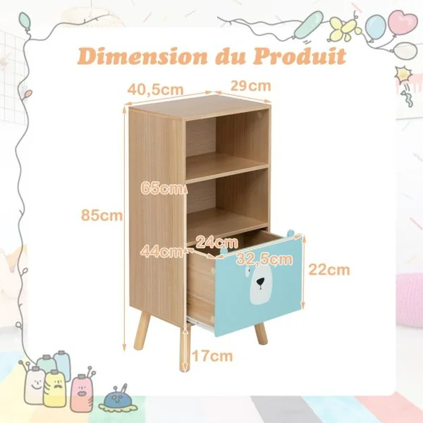 Meuble de Rangement Jouet Enfants à 3 Niveaux avec Tiroir en Forme d’ours avec Dispositif Anti-basculement Bibliothèque Café