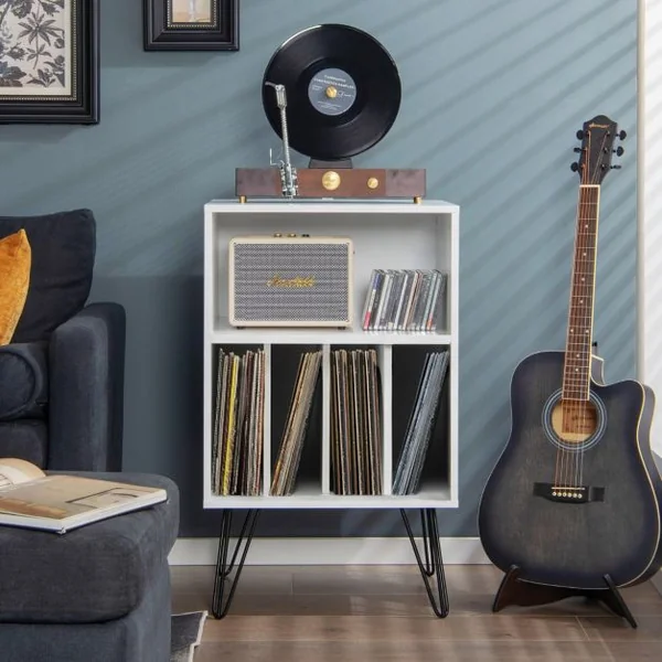 Meuble de Rangement Meuble pour Tourne-Disque avec 5 Compartiments Ouverts et Pieds en Métal Style Industriel Blanc