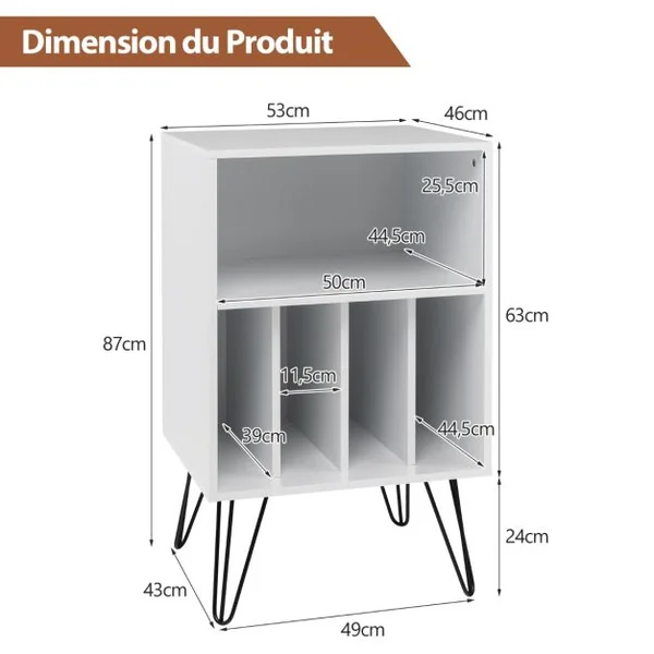 Meuble de Rangement Meuble pour Tourne-Disque avec 5 Compartiments Ouverts et Pieds en Métal Style Industriel Blanc