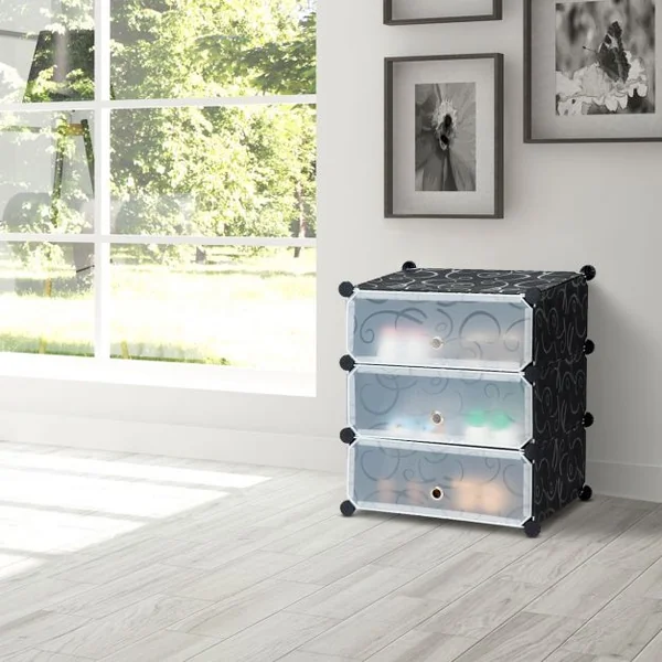 Meuble de Rangement Modulable 3 Cubes Armoire à Chaussures Etagère polyvalente en Résine, 47x37x57cm, Noir et Blanc