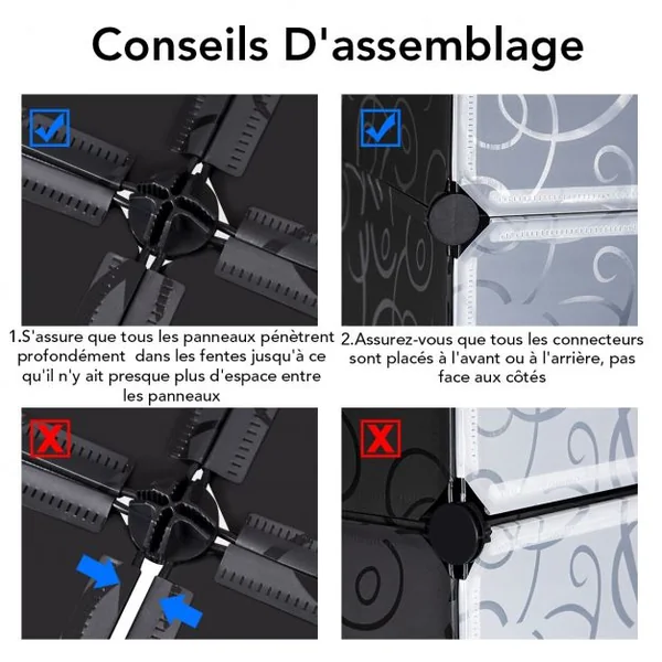 Meuble de Rangement Modulable 3 Cubes Armoire à Chaussures Etagère polyvalente en Résine, 47x37x57cm, Noir et Blanc