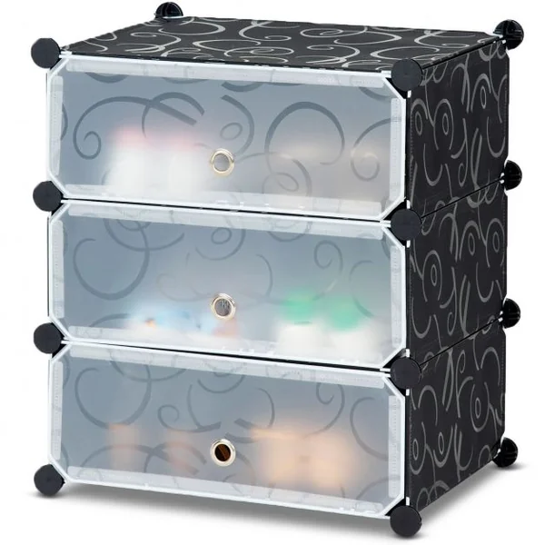 Meuble de Rangement Modulable 3 Cubes Armoire à Chaussures Etagère polyvalente en Résine, 47x37x57cm, Noir et Blanc