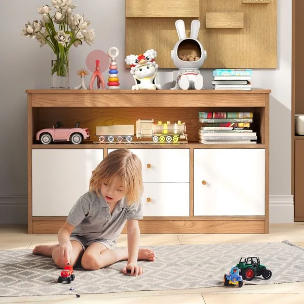 Meuble de Rangement pour Jouets d’Enfants Bibliothèque en Bois pour Enfants Etagère Ouverte 2 Tiroirs 2 Portes Naturel