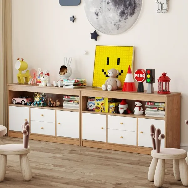Meuble de Rangement pour Jouets d’Enfants Bibliothèque en Bois pour Enfants Etagère Ouverte 2 Tiroirs 2 Portes Naturel