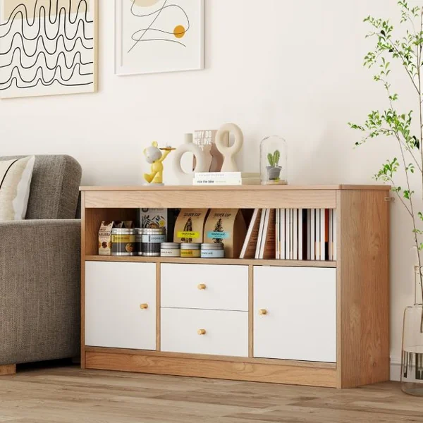 Meuble de Rangement pour Jouets d’Enfants Bibliothèque en Bois pour Enfants Etagère Ouverte 2 Tiroirs 2 Portes Naturel