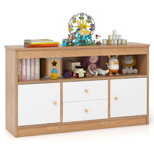 Meuble de Rangement pour Jouets d’Enfants Bibliothèque en Bois pour Enfants Etagère Ouverte 2 Tiroirs 2 Portes Naturel