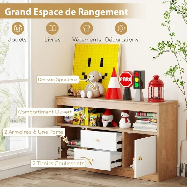 Meuble de Rangement pour Jouets d’Enfants Bibliothèque en Bois pour Enfants Etagère Ouverte 2 Tiroirs 2 Portes Naturel
