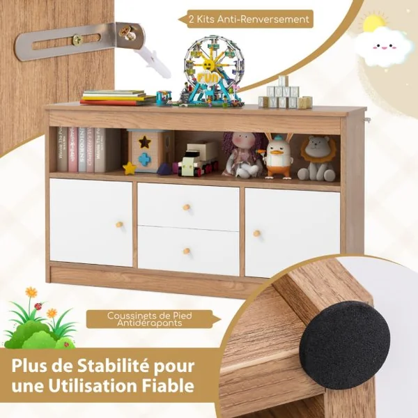 Meuble de Rangement pour Jouets d’Enfants Bibliothèque en Bois pour Enfants Etagère Ouverte 2 Tiroirs 2 Portes Naturel