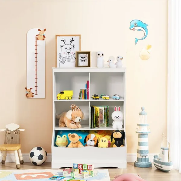 Meuble de Rangement pour Jouets à 3 Niveaux avec 4 Compartiments Ouverts et un Bac Bibliothèque Blanc