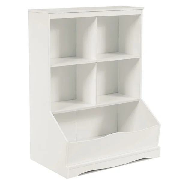 Meuble de Rangement pour Jouets à 3 Niveaux avec 4 Compartiments Ouverts et un Bac Bibliothèque Blanc