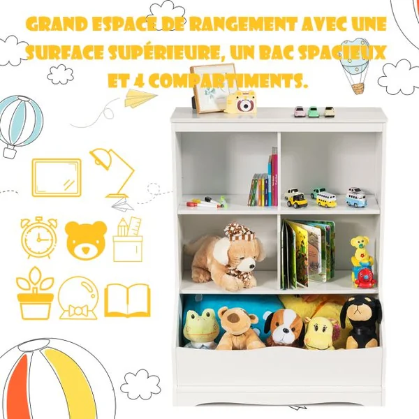 Meuble de Rangement pour Jouets à 3 Niveaux avec 4 Compartiments Ouverts et un Bac Bibliothèque Blanc