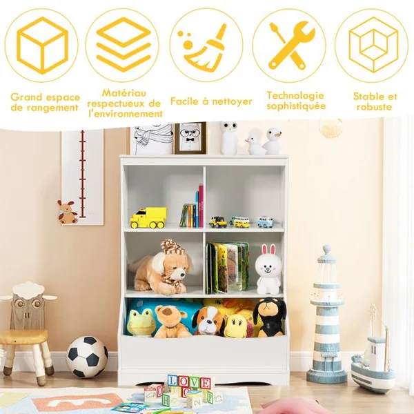 Meuble de Rangement pour Jouets à 3 Niveaux avec 4 Compartiments Ouverts et un Bac Bibliothèque Blanc