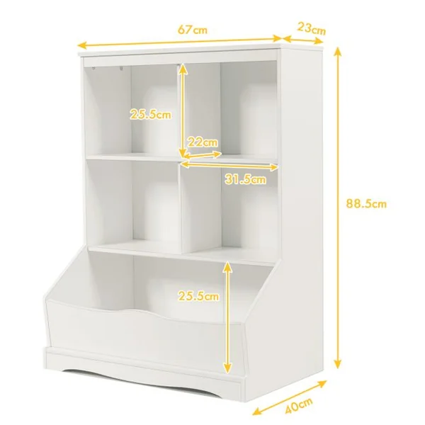 Meuble de Rangement pour Jouets à 3 Niveaux avec 4 Compartiments Ouverts et un Bac Bibliothèque Blanc