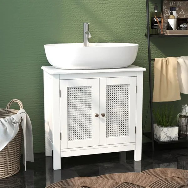 Meuble de Rangement pour Lavabo sur Pied avec 2 Portes en Rotin Meuble de Salle de Bain pour Lavabo avec Découpe en ‘U’ 60 x 30 x 60cm Blanc