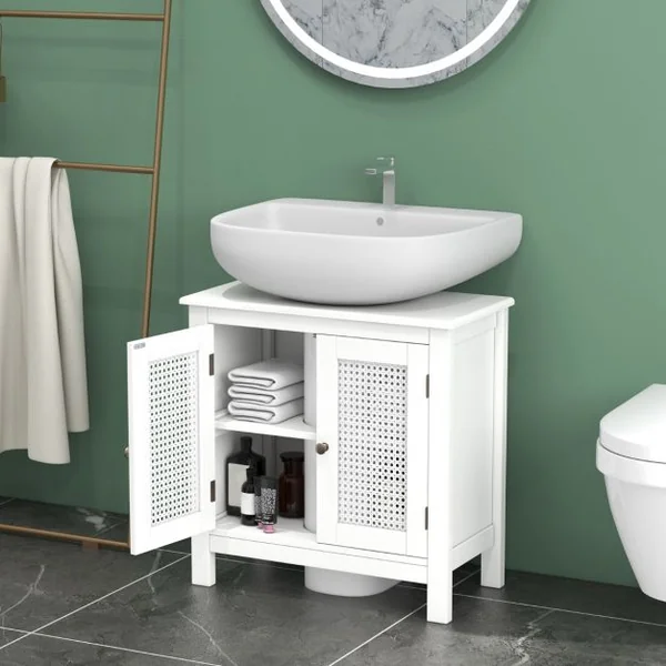 Meuble de Rangement pour Lavabo sur Pied avec 2 Portes en Rotin Meuble de Salle de Bain pour Lavabo avec Découpe en ‘U’ 60 x 30 x 60cm Blanc
