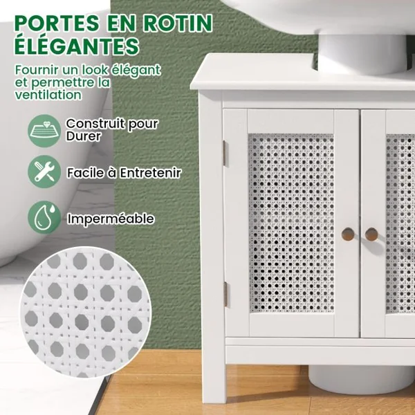 Meuble de Rangement pour Lavabo sur Pied avec 2 Portes en Rotin Meuble de Salle de Bain pour Lavabo avec Découpe en ‘U’ 60 x 30 x 60cm Blanc
