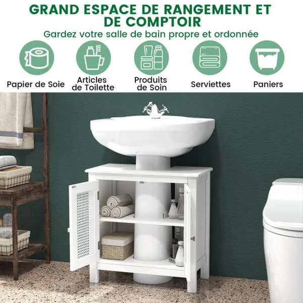Meuble de Rangement pour Lavabo sur Pied avec 2 Portes en Rotin Meuble de Salle de Bain pour Lavabo avec Découpe en ‘U’ 60 x 30 x 60cm Blanc