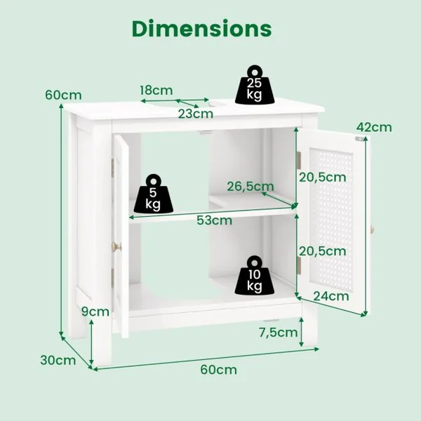 Meuble de Rangement pour Lavabo sur Pied avec 2 Portes en Rotin Meuble de Salle de Bain pour Lavabo avec Découpe en ‘U’ 60 x 30 x 60cm Blanc