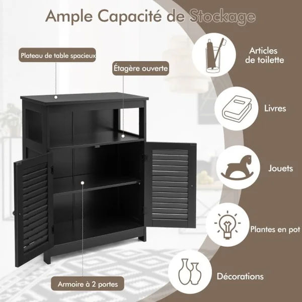 Meuble de Rangement pour Salle de Bain Meuble sur Pieds en Bois avec Placard 2 Portes pour Salle de Bain Salon Chambre Gris/Blanc/Noir